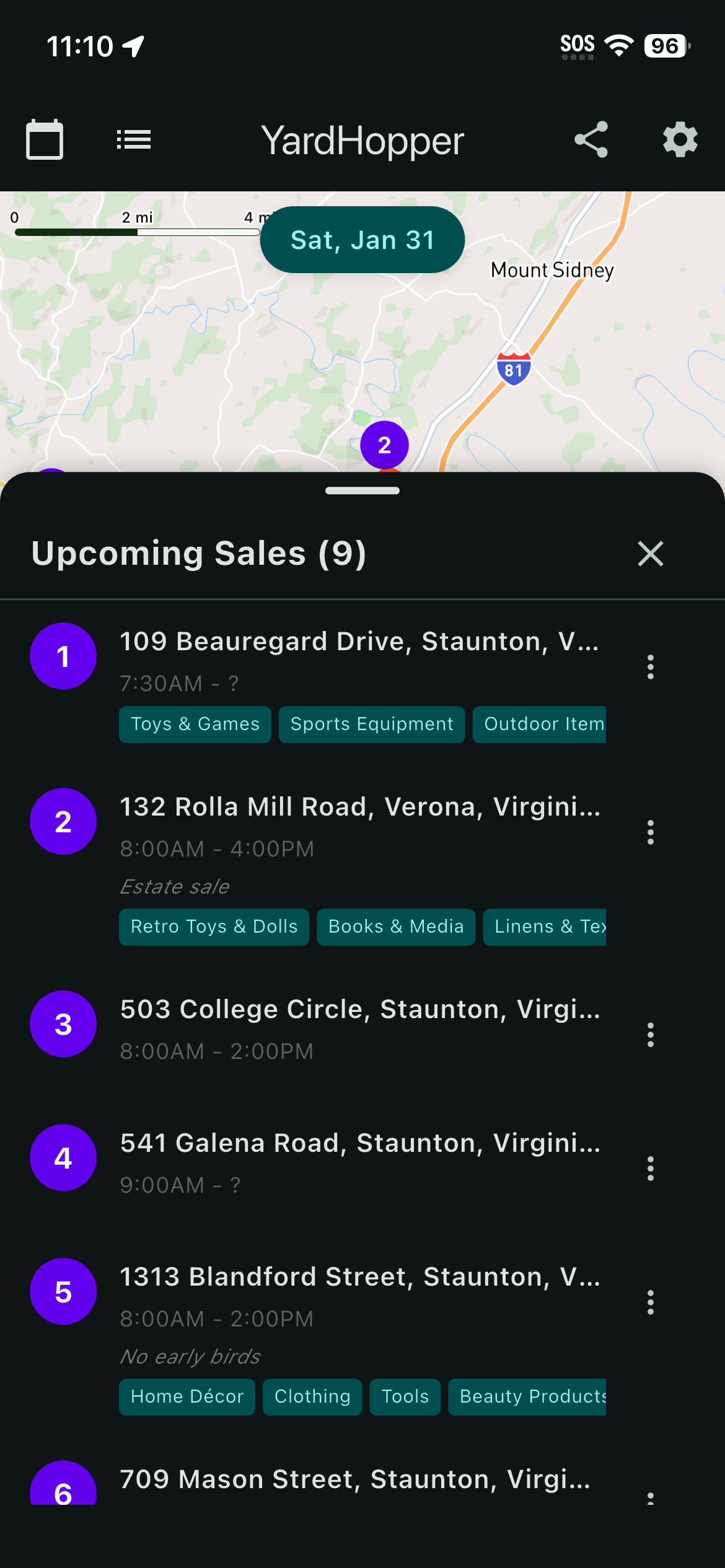 YardHopper Screenshot - Sales List