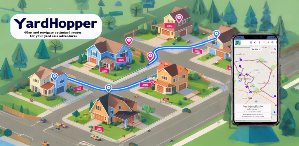 YardHopper Feature Graphic showing map and route