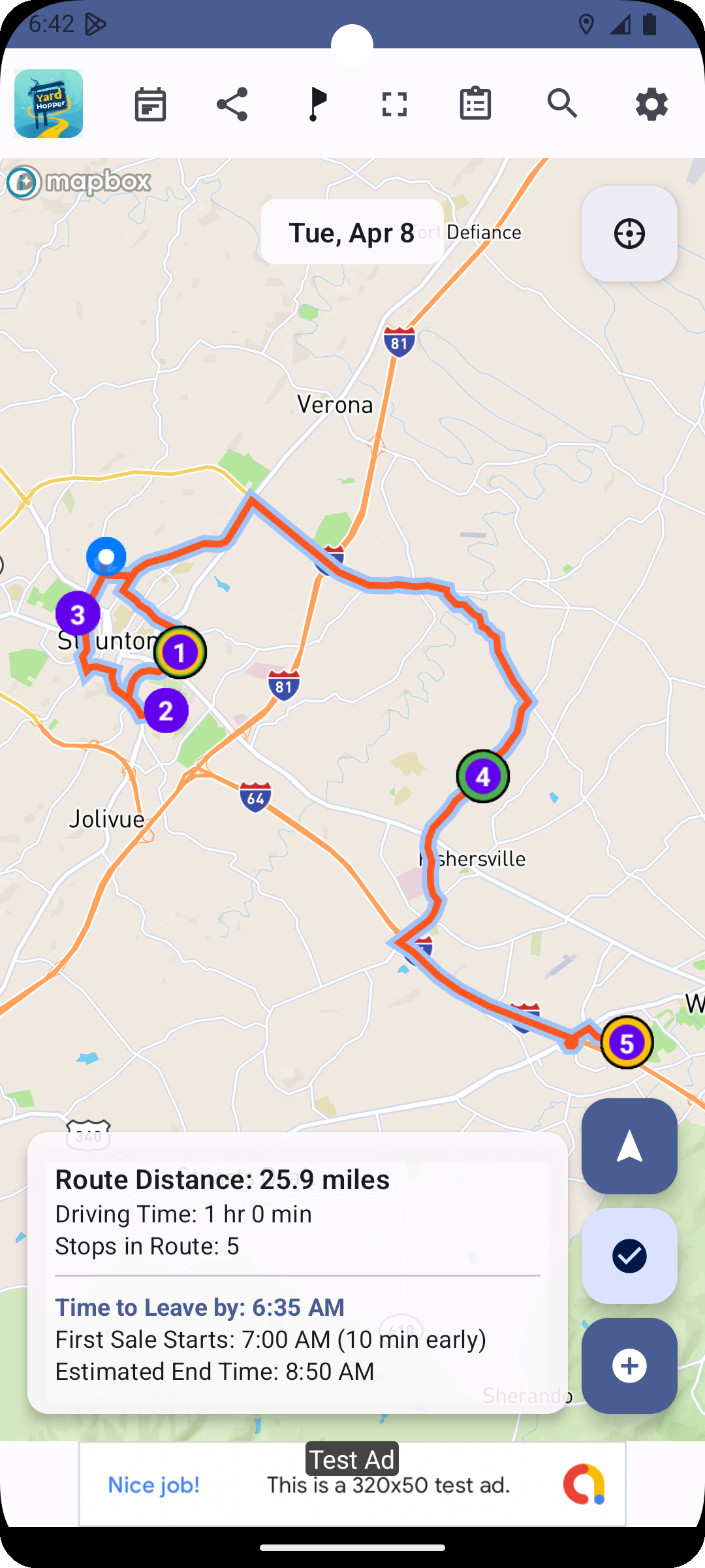 YardHopper Screenshot - Route Planning